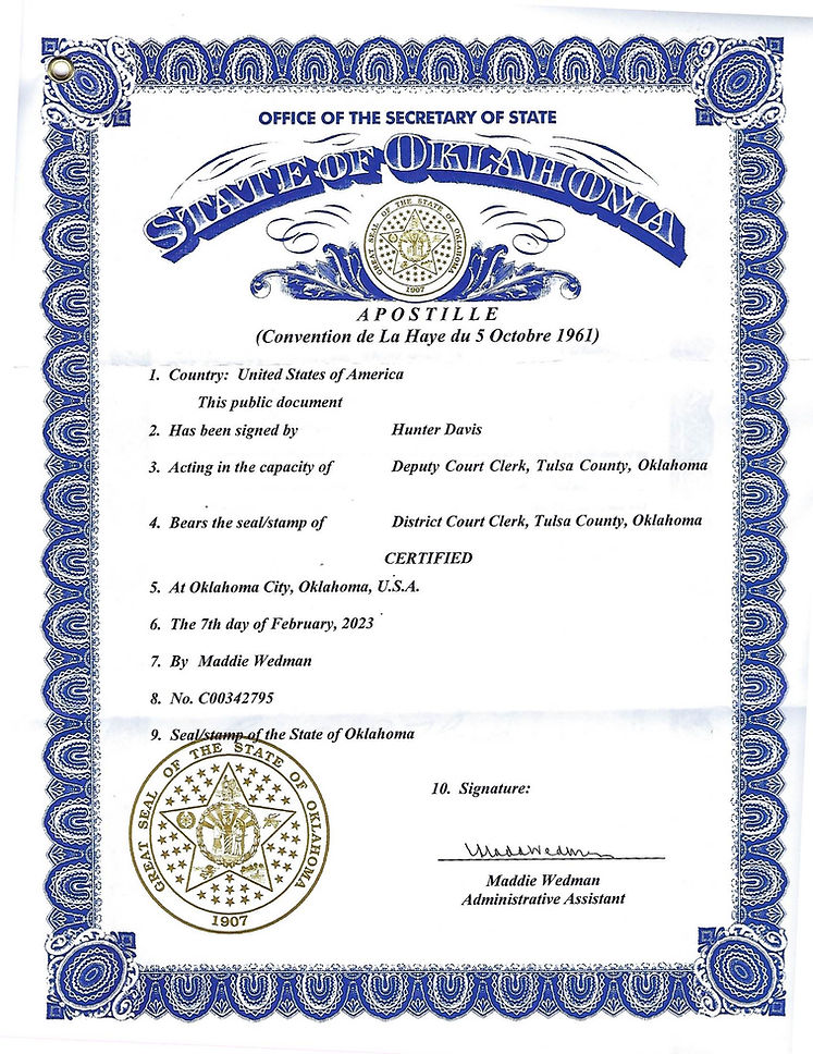 俄克拉荷马州结婚证书海牙认证的示例