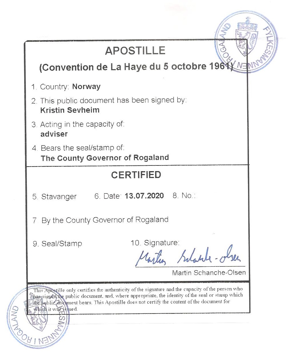 挪威文件在国外被视为有效，必须加盖海牙认证