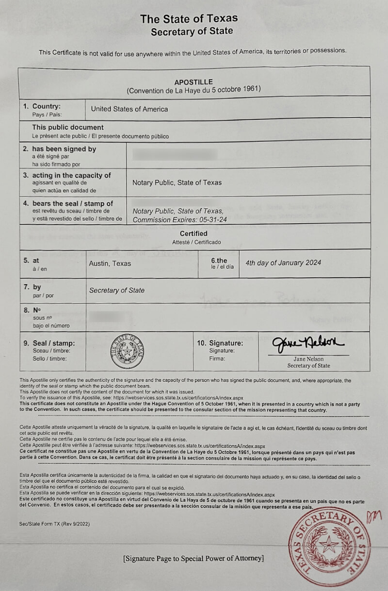 德克萨斯州国务卿办公室转向通用海牙认证以认证文件