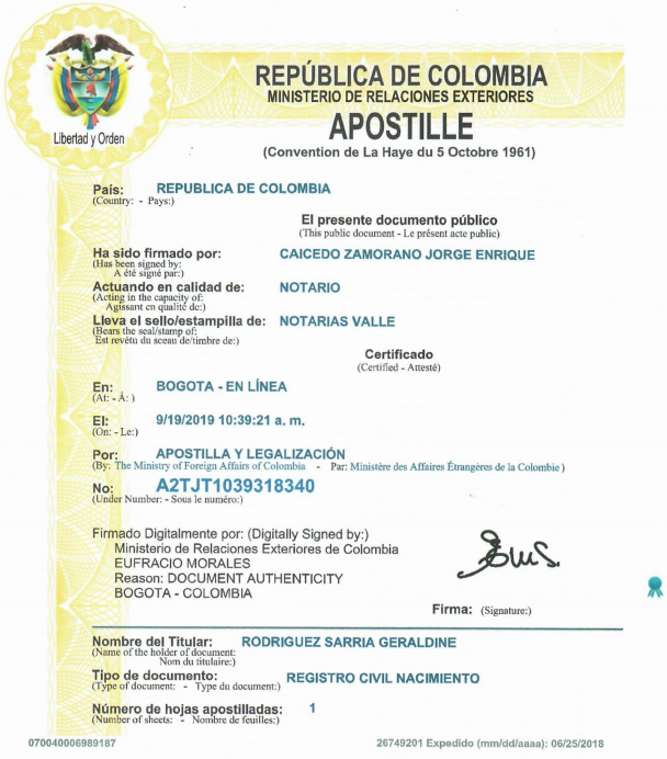 哥伦比亚海牙认证模板