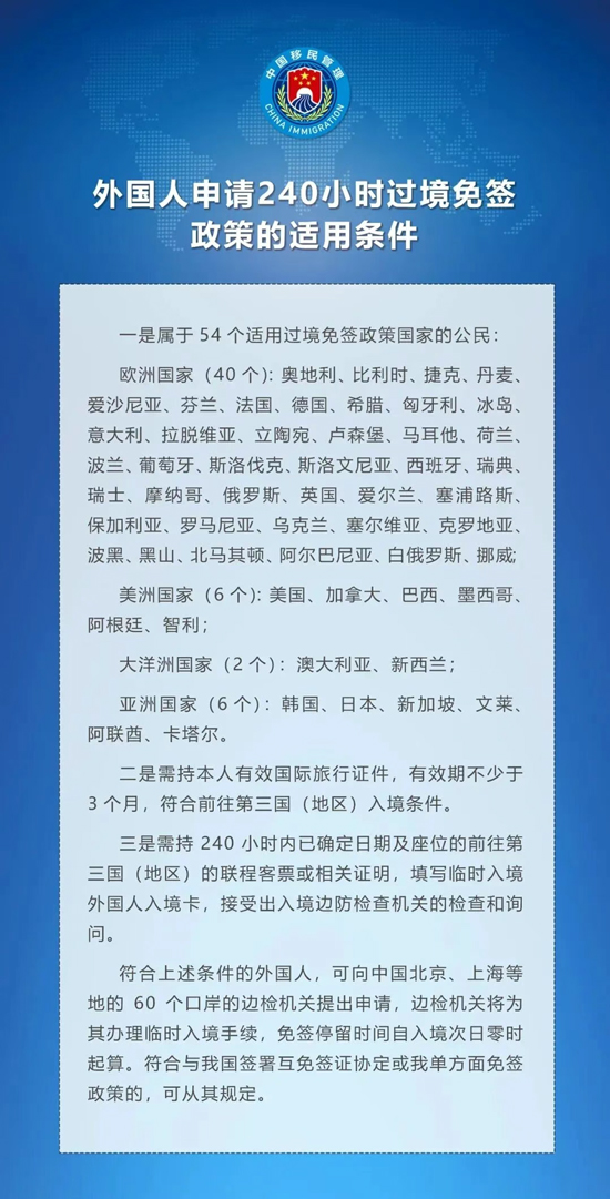 240小时申请免签过境条件