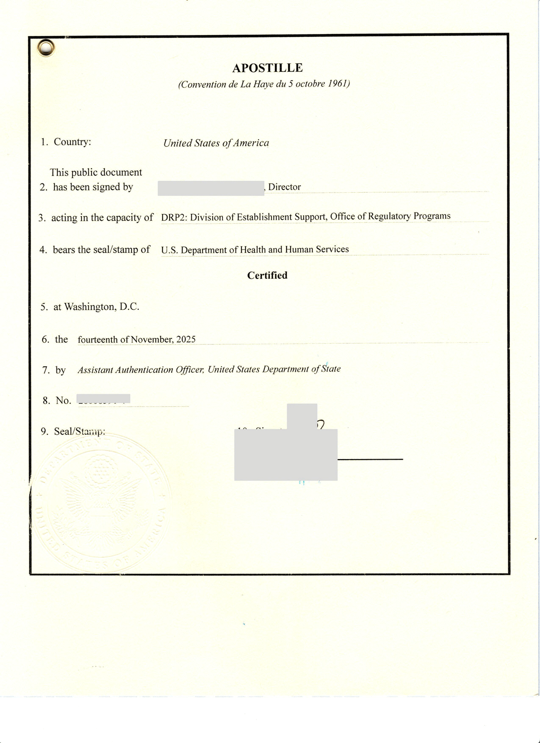 美国国务院海牙认证
