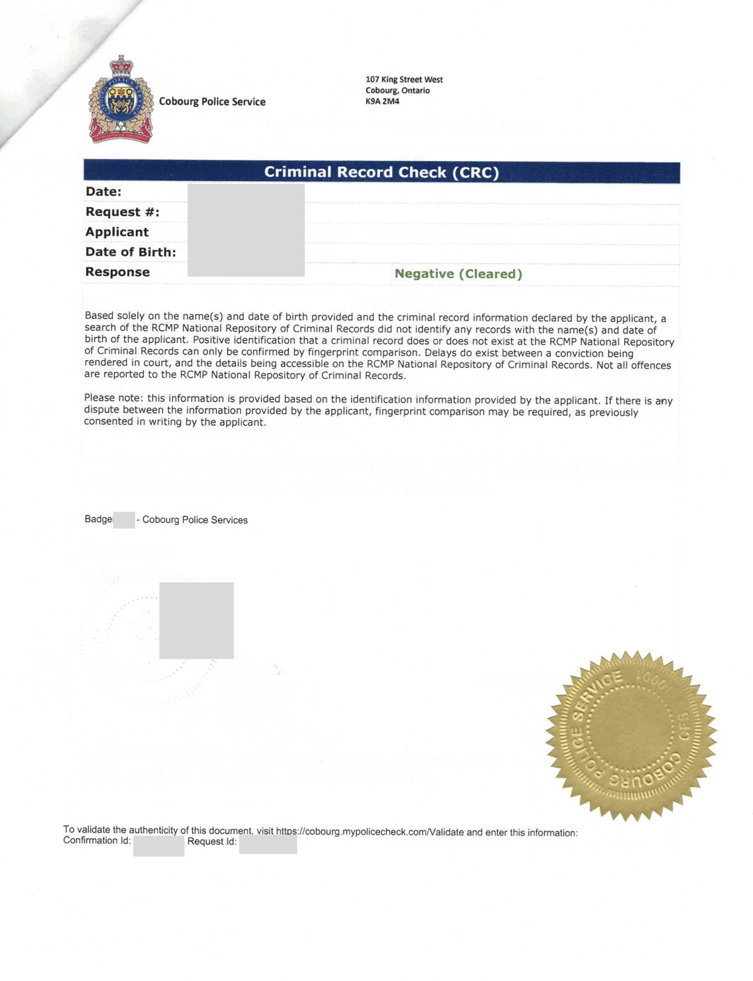 加拿大无指纹无犯罪记录证明