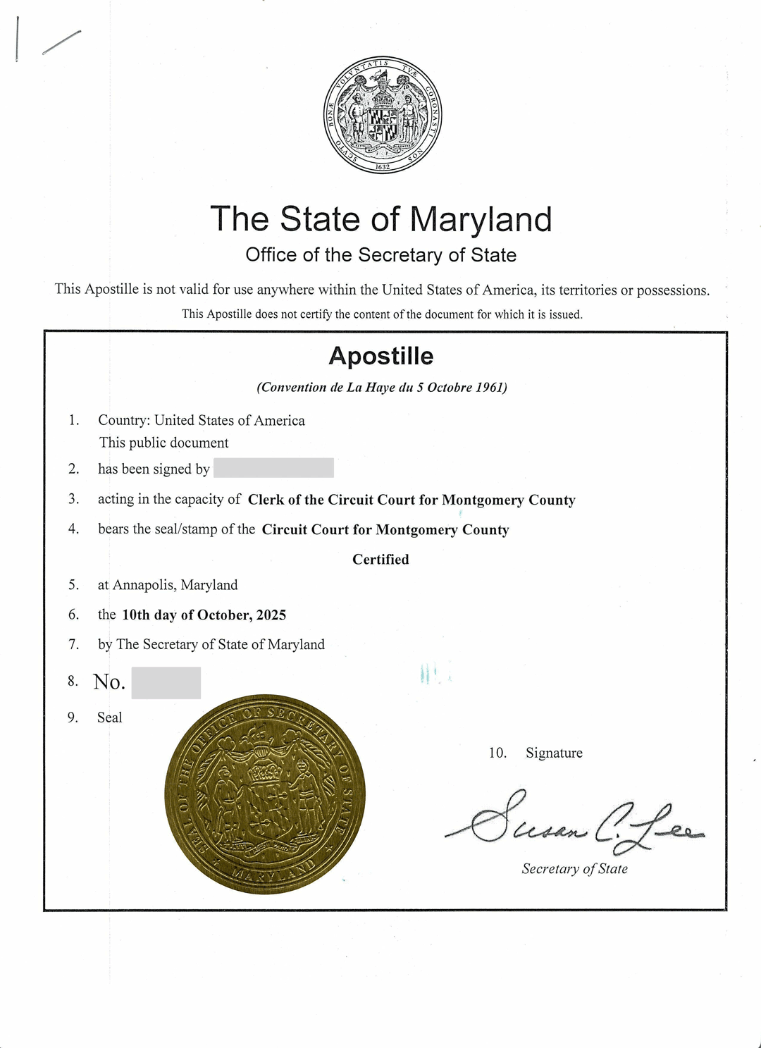马里兰州海牙认证