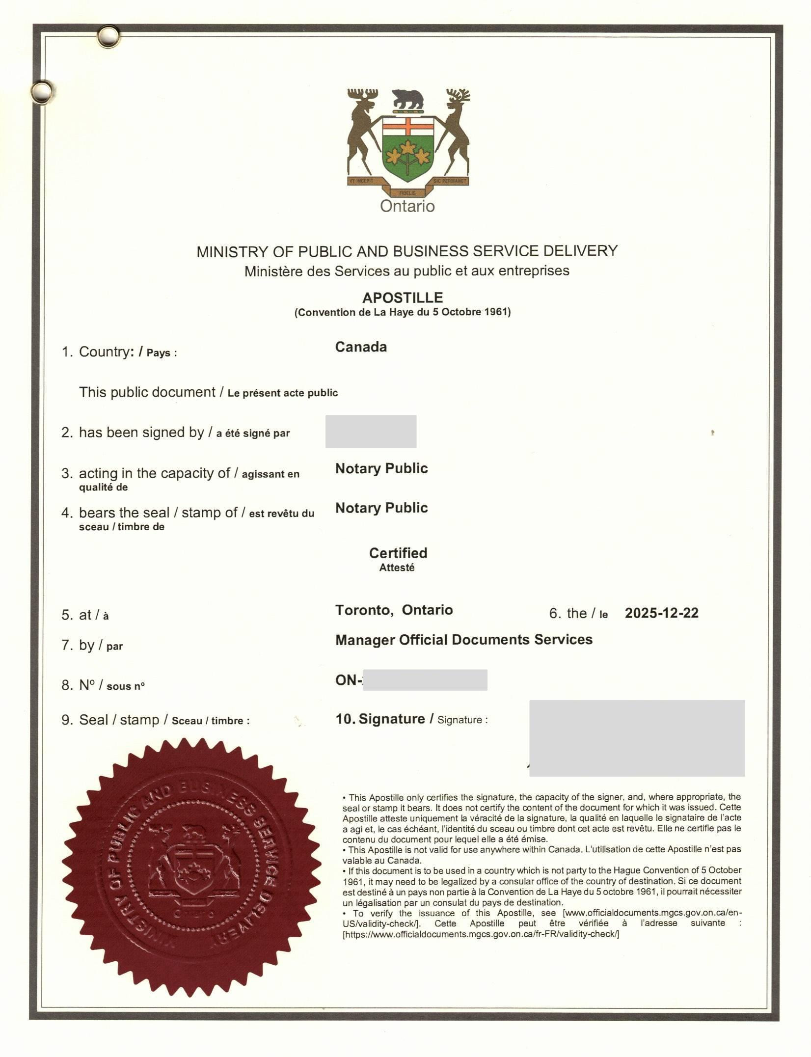 加拿大注册证书海牙认证