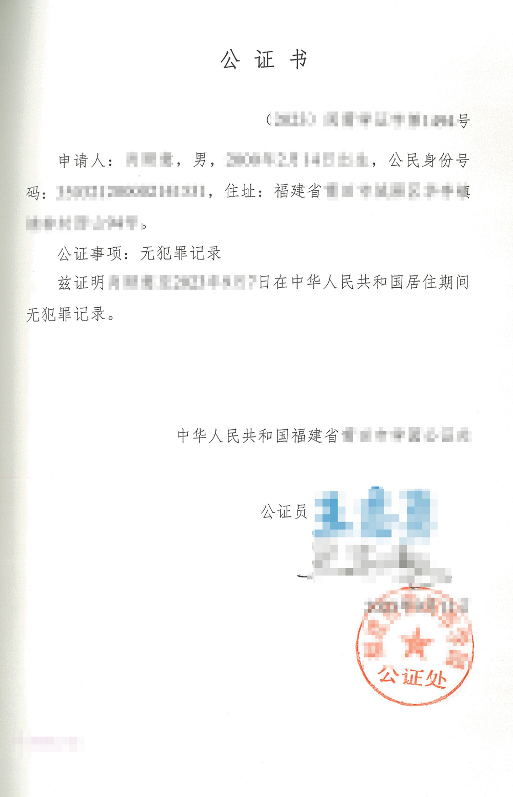 无犯罪记录证明涉外公证书