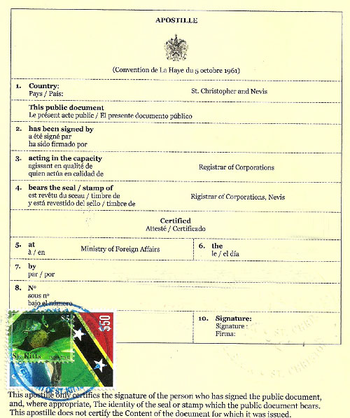 圣基茨和尼维斯海牙认证