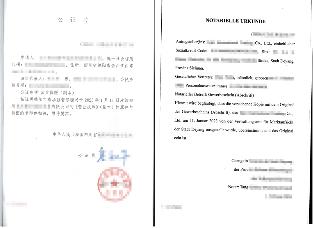 国内营业执照到德国使用翻译德语涉外公证件